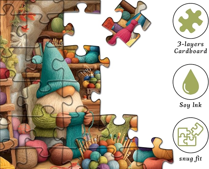 Funny Knitting Gnomes Puzzle for Adults 1000 Pieces，Vintage Cozy Yarn Workshop Colorful Art Puzzle，Cute Sewing Room Gnomes Jigsaw Puzzle Challenge