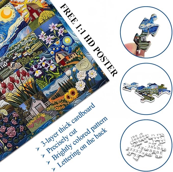 PICKFORU Van Gogh's Rhapsody Puzzles for Adults 1000 Pieces, Starry Night Flower Art Jigsaw Puzzles, Oil Painting Theme as Home Decor