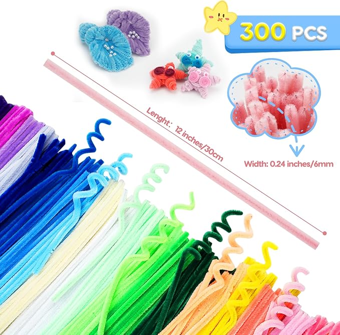300PCS Pipe Cleaners Craft, Pipe Cleaners Bulk for Arts and Crafts Supplies Multi-Color Chenille Stems DIY Project Room Decor,Christmas Decorations Creative Toys Gift (12inch*6mm,30colors)