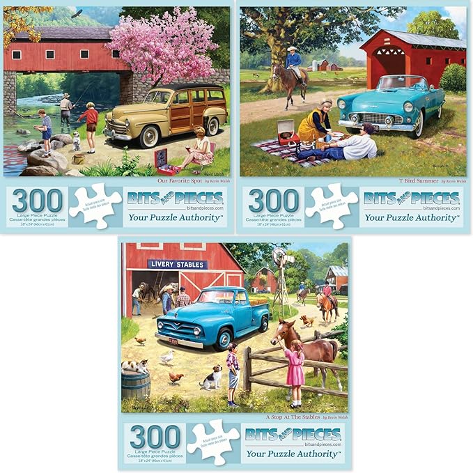 Bits and Pieces – Value Set of 3 Jigsaw Puzzles by Kevin Walsh – 300, 500 (18"x24") & 1000 Pieces (20"x27") Varients -Our Favorite Spot, T Bird Summer, A Stop at The Stables (Three 300 Piece Puzzles)