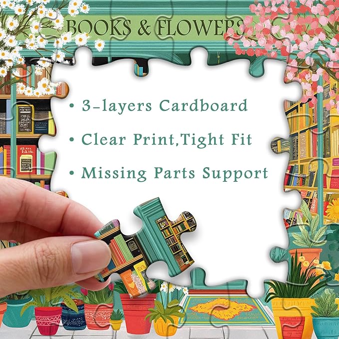 PICKFORU Book Jigsaw Puzzles 1000 Pieces, Spring Flowers Bookstore Puzzles for Adults, Blooming Bookshelf Puzzle as Home Decor
