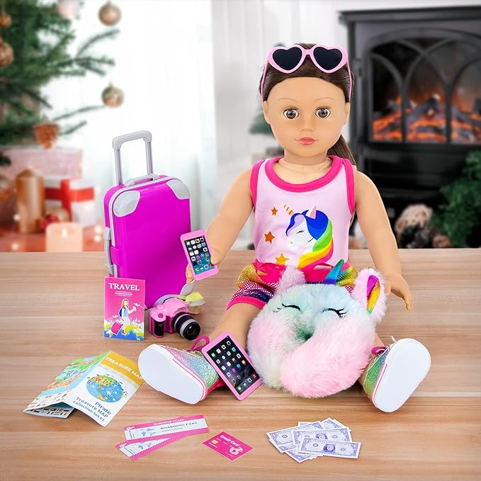 UNICORN ELEMENT 23 Pcs 18 Inch Girl Doll Accessories Suitcase Travel Set Including Clothes Suitcase Backpack Camera Tablet Cell Phone Neck Pillow Sunglasses and Other Travel Set
