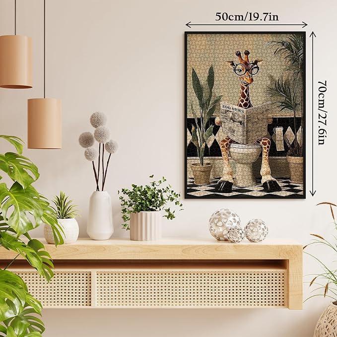 Funny Giraffe Newspaper Puzzles for Adults 1000 Pieces, Vintage Cute Bathroom Animal Jigsaw Puzzle, Difficult Toilet Paper Art Puzzles