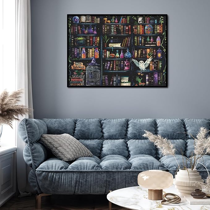 Magic Book Library Puzzles for Adults 1000 Pieces, Funny Halloween Bookshelf Jigsaw Puzzle, Difficult Bottle Owl Art Puzzles