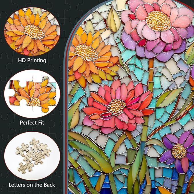 Great Jigsaw Puzzles for Adults 300 Pieces Stained Glass Mosaic Art Flowers Puzzles for Adults Toys Gift Family Decoration Kids Puzzle