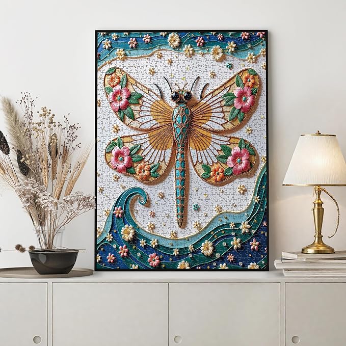 Dragonfly 1000 Piece Jigsaw Puzzle for Adults, Rocorose Painted Dragonfly Puzzles Unique Beautiful Flowers Family Puzzle Nature Floral Challenging Games Gift for Animal Insect Lover