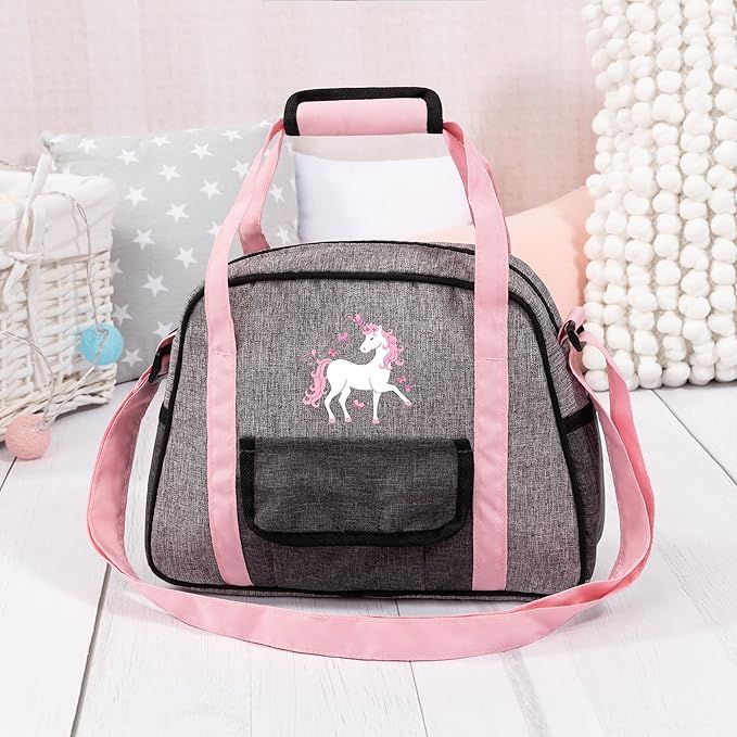 Bayer Doll Bag with Diaper Bag Accessories, Baby Doll Changing Set, Grey Pink Unicorn, Ages 18 Mo