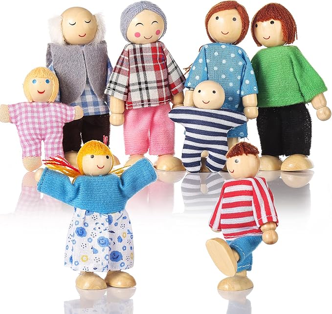 Jzszera Wooden Doll House People of 8 Figures, Dolls Family Set for Girls Toddler Kids Dollhouse Accessories Toy