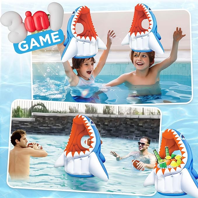 iPlay, iLearn Kids Shark Pool Toy, 3-in-1 Inflatable Pool Game Basketball Football Hoop Balls Toss Game, Toddler Floating Water Toy, Outdoor Yard Beach Summer Party Gift 3 4 5 6 7 8 Year Old Boy Girl