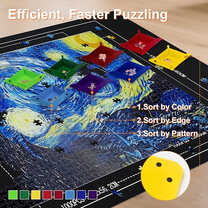 Large Puzzle Roll Up Mat with 8 Sorting Trays & Air Pump System, 46x26 Inch Portable Puzzle Storage Mat for 500 to 1500 Piece Puzzles, Includes Storage Bag