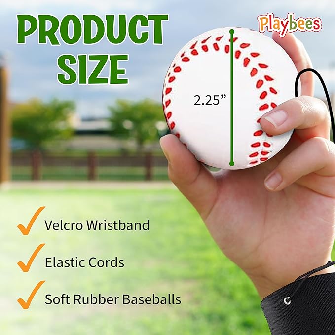 Playbees Reactive Practice Baseballs on Elastic Cord Perfect for Training, Fun Outdoor Activities for Spring Training, Fun Outdoor Activity for Kids, Boy or Girl, Party Favor (6 Pack)