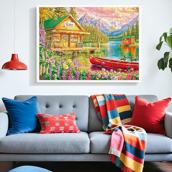 300 Pieces Puzzles for Adults,Lakeside House & Red Boat Puzzle,300 Pieces Puzzle for Seniors Large Piece,Mountains Jigsaw Puzzles for Kids Ages 8-10,Challenging Family Games, 20.5 x 15 in