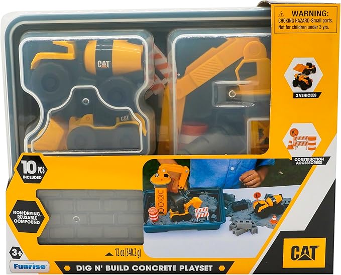 CAT Dig N Build Concrete Playset 12-oz Moldable Concrete Compound, Crane, 2 Little Machines Vehicles, Construction Molds & Easy-Cleanup Tray, Sensory STEM Kit for Kids Ages 3 +