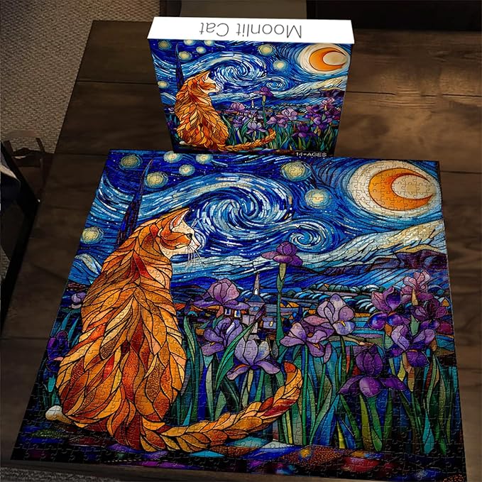 PICKFORU Stained Glass Puzzles: 1000 Pieces, Adults' Cat Lovers' Jigsaw Puzzle - Purple Iris Flowers, Starry Night, Moonlit Cat Flower