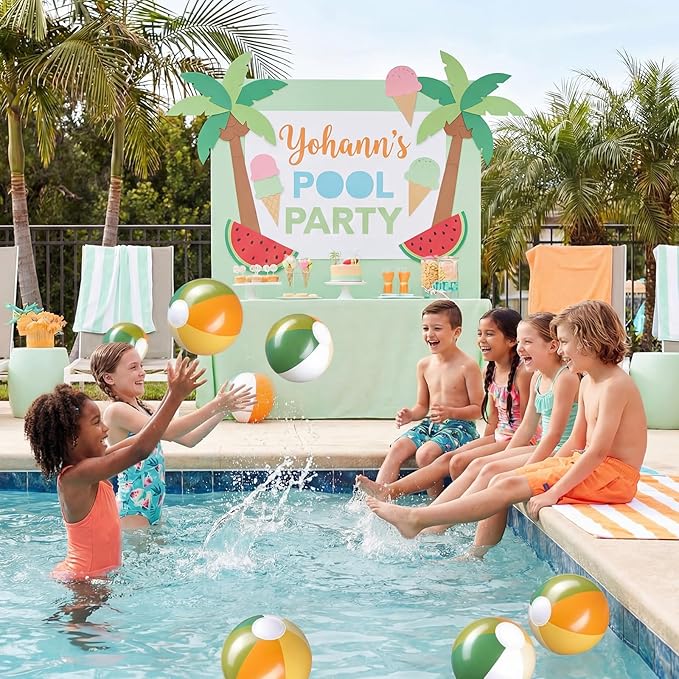 Realspring 12 Pcs Pastel Inflatable Beach Balls Kids Bulk Stripe Jumbo Big Beach Balls Pool Floating Toy for Adult Water Game Baby Shower Birthday Summer Swimming Party (Orange and Green,10 Inch)