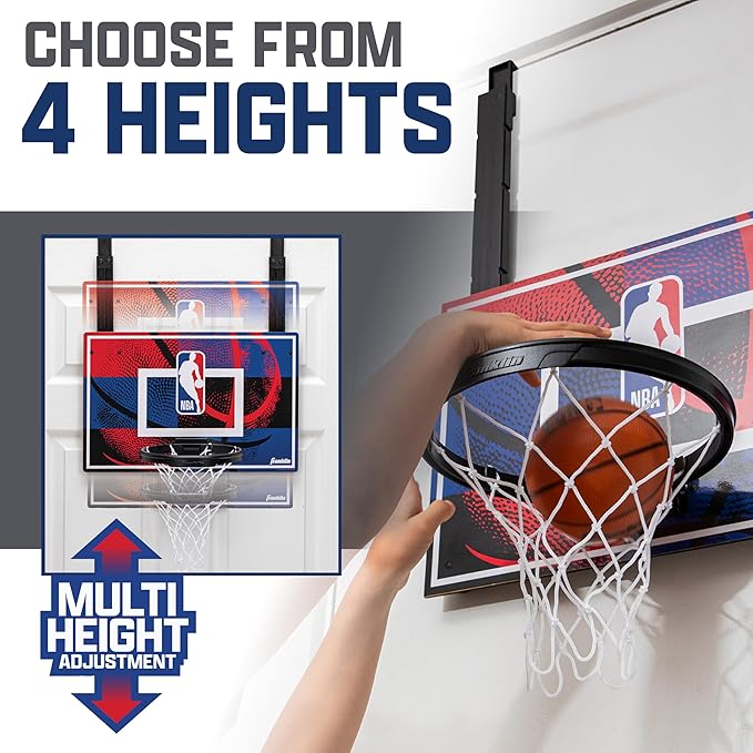 Franklin Sports NBA Grow-with-Me Kids Mini Basketball Hoop Set - Over the Door Indoor Hoop for Kids - Includes (1) Adjustable Height Basket, (1) Mini Youth Basketball + Air Pump - Ages 3+