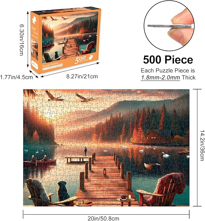 Rocorose Jigsaw Puzzle for Adults 500 Pieces, Sunset Landscape Puzzle Challenging Lakeside Evening Scene Jigsaw Puzzles Family Activity Idea Gift Holiday Educational Game