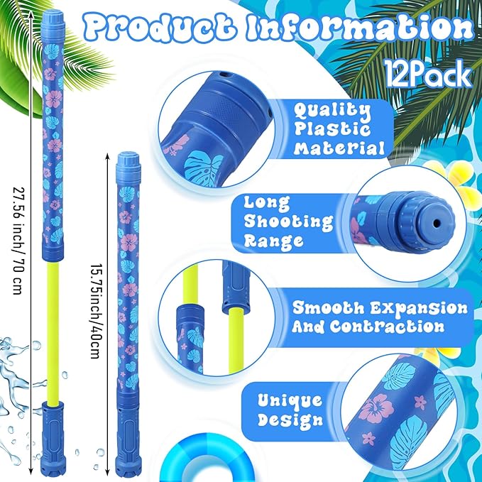 12 Pack Hawaii Water Blaster 15.75 in Hawaiian Water Shooter Blasters Gun Party Favors for Kids Summer Outdoor Swimming Pool Backyard Beach Summer Games