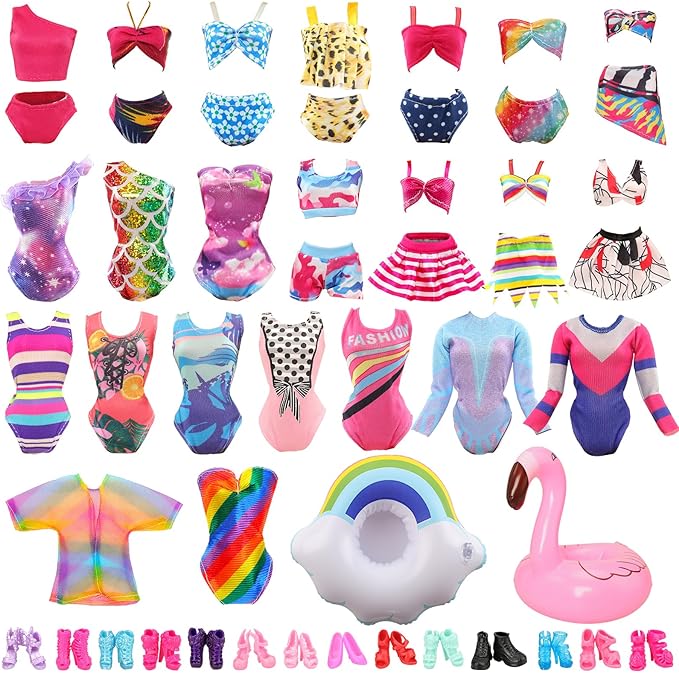 BARWA 12 Items 5 Psc Swimsuits Bathing Clothes Bikini One Piece with 2 Pool Floaties with 5 Shoes for 11.5 inch Doll