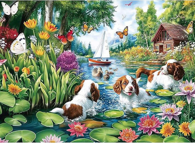 300 Piece Puzzles for Adults&Kids Large Piece, Spring & Summer Elderly Jigsaw Puzzles 300 Pieces – Dog Water Fun, Unique Artwork Perfection Game, Family Entertainment & Gift for Seniors(20.5" x 15")