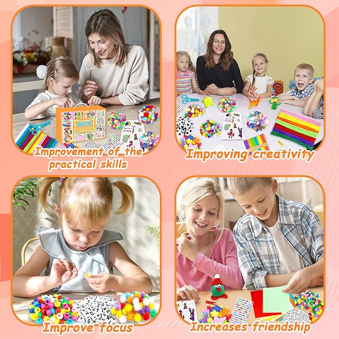BNUZEIYI 2000 PCS Arts and Crafts Supplies for Kids All-in-1 Craft Kit with Pipe Cleaners Craft Box Set DIY Crafting Supply School Supplies Toys Gifts for Girls Boys Ages 4-6, 6-8, 8-12, Orange