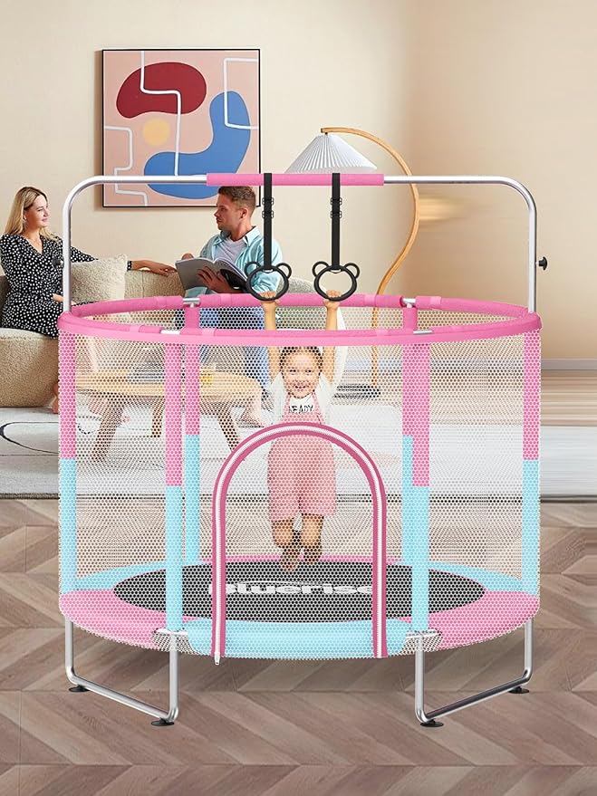BLUERISE 55IN 6FT Toddler Trampoline for Kids Indoor Outdoor Play for Kids Trampoline Basketball Hoop Attachment with Enclosure Net Easy to Assemble