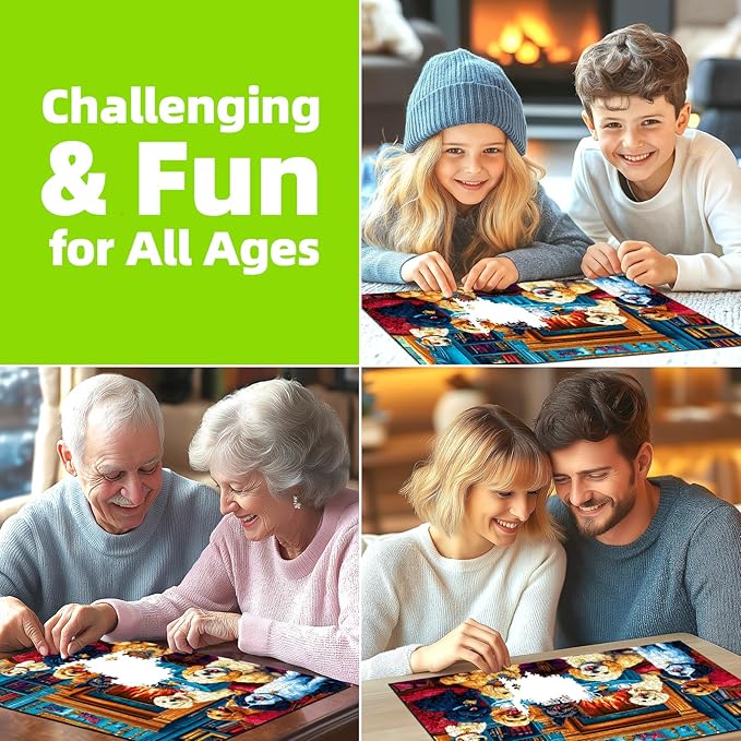 1000 Pieces Puzzles for Adults, Cozy Library Dogs Jigsaw Puzzle - Dogs' Dinner Party with Books & Fireplace for Adults and Teens Family Challenging for Game Nights (27.5 x 19.7 Inch)