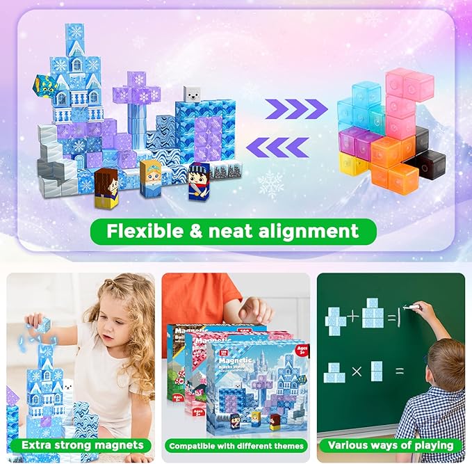 Magnetic Blocks - 100Pcs 0.8in Magnetic Building Block for Kids Ages 4-8, Transparent Magnet Block Blue Princess Castle, Magnet Cubes Tiles Princess Toy for Girl 3 4 5 6 7 8-12 Easter Birthday Gift