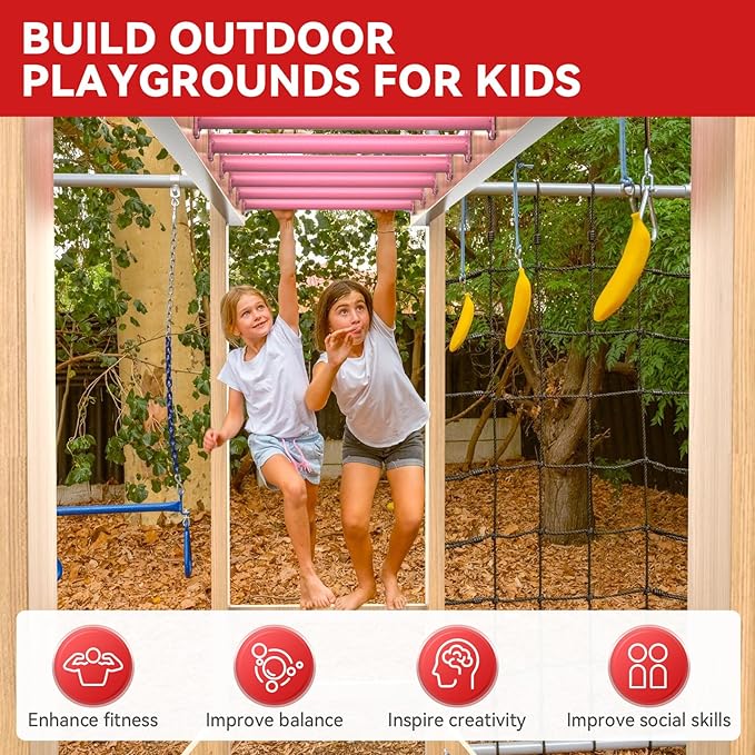 16.5 Inch Monkey Bars Kit Playground Ladder Rungs for Backyard Indoor Outdoor Kids Metal Bars Swing Set Playset Accessories (Pink, 12 Pcs)