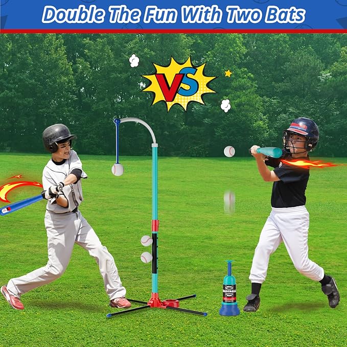 3-in-1 T Ball Set for Kids: Hanging Batting Tee + T Ball Stand Set Auto BaseBall Launcher for Toddlers & Youth Adjustable Height with 2 Bats 6 balls Outdoor&Indoor Toys Sports Gifts for 3-12 years old