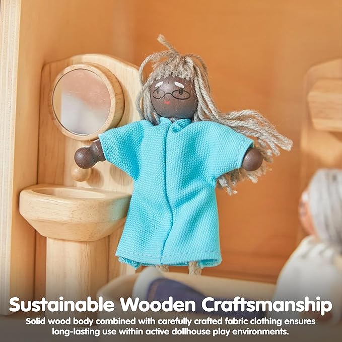 PlanToys® Grandmother Wooden Dollhouse Figurine | Poseable 1:12 Scale Mini Doll (5 Inch) | Dollhouse Accessories for Pretend Play | Eco-Friendly Montessori Toy for Kids Ages 3+