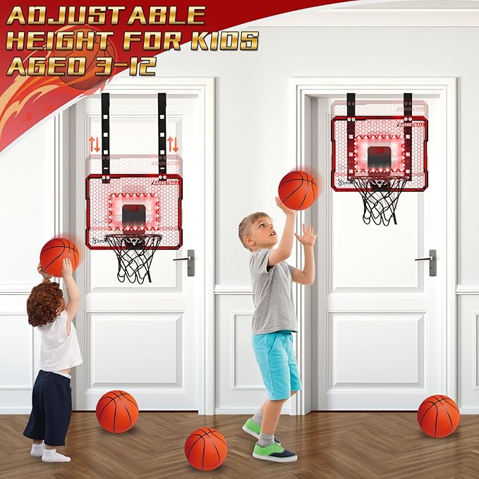 Adjustable Height Basketball Hoop Indoor with LED Lights, Basketball Toys Gifts for 5 6 7 8 9 10+ Year Old Boys Kids, Indoor Over The Door Mini Basketball Hoops with Electronic Scoreboard & 3 Balls