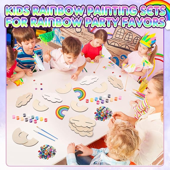 12 Sets Christmas Rainbow Painting Craft for Kids Party Favors, Art Wooden Painting Sets for Party Favors Brush Kit Return Gifts, Birthday Supplies Class Make Your Own Craft Kits