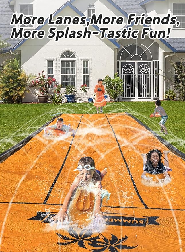 Spring Water Slip and Water Slide for Kids Backyard, 17ft*3 Racing Lanes Slip Water Slides with Sprinkler for Age 5-8 8-12, Summer Outdoor Water Toy with 3 Inflatable Bodyboards