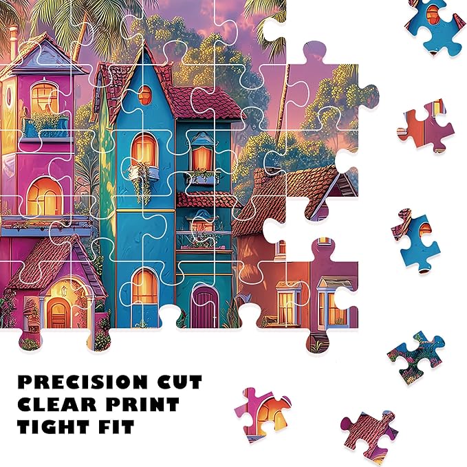 Beach Puzzles for Adults 500 Piece, Xovnio Panoramic Cottage Seaside Romantic Art Jigsaw Puzzle, Beach Ocean Summer Puzzle, Colorful House Jigsaw Puzzles