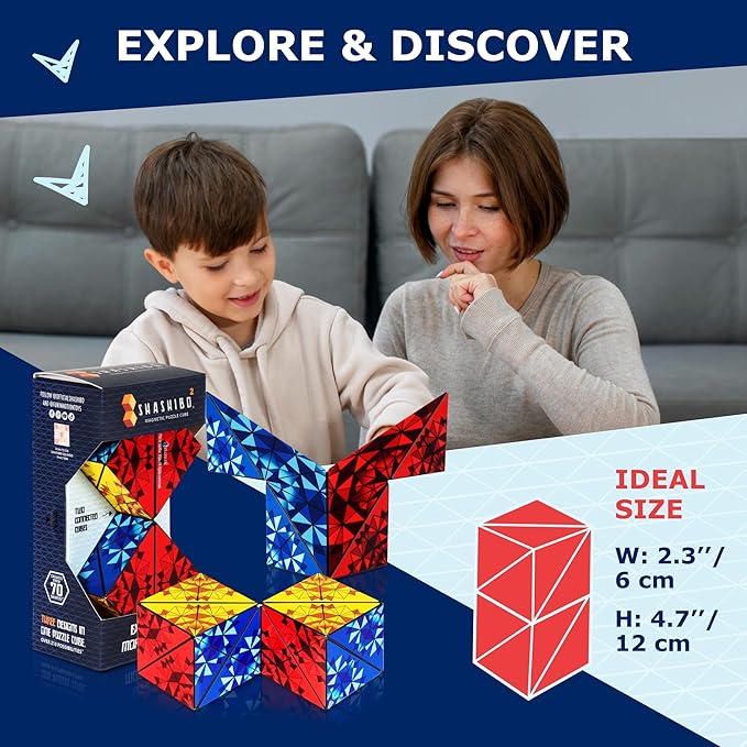 Shashibo Squared Shape Shifting Box - STEM Fidget Toy with Ultra Strong Magnets - Sensory Puzzle Cube Transforms Into 100+ Shapes, Easter Basket Stuffers Gift for Kids, Teens, and Adults (Primary)