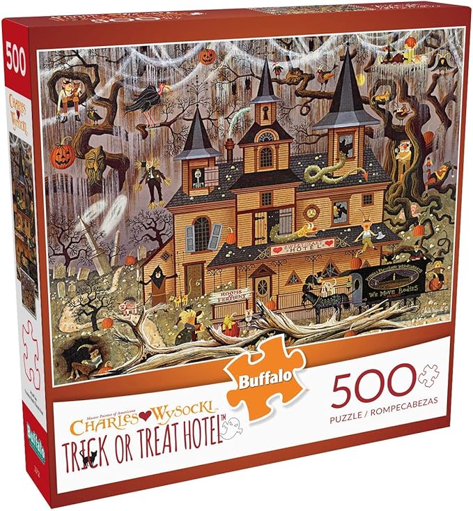 Buffalo Games - Trick or Treat Hotel - 500 Piece Puzzle for Adults - Charles Wysocki Fall Jigsaw Puzzles - Challenging Halloween Scene with Poster – 500 Vibrant Pieces for Autumn