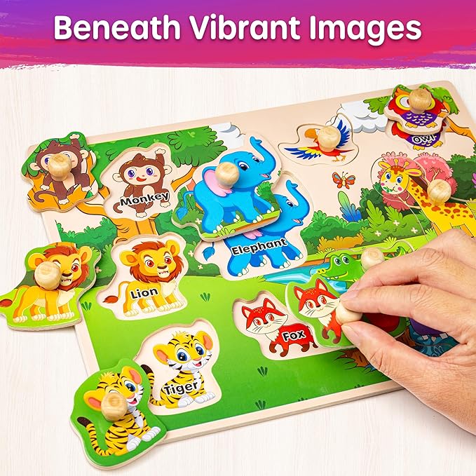 SYNARRY Wooden Puzzles for Toddlers 1-3, 6XSET Puzzles for Toddlers 2-4 with Rack, Learning Alphabet Number Shape Animal Dinosaur Vehicle, Toddler Easter Basket Stuffers Gifts Toys for Boys Girls