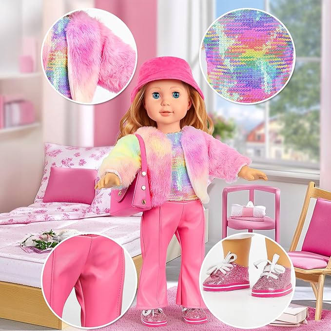 WONDOLL American 18 inch Doll Clothes and Accessories Girl-Travel Suitcase Luggage, Clothes and Shoes, Bag, Sunglasses, Camera, Passport, Notebook, Phone, pad Travel Gear Play Set(No Doll)