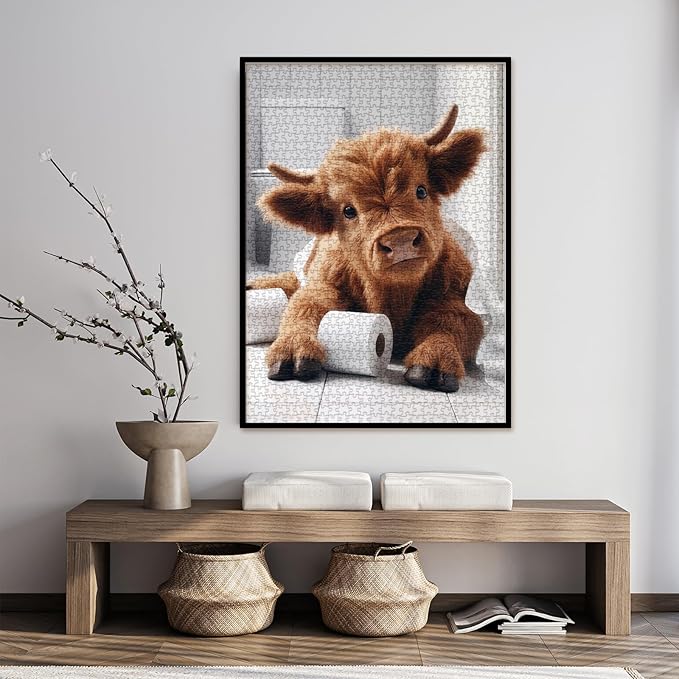 Funny Highland Cow Puzzles for Adults 1000 Pieces, Cute Animal Bathroom Cattle Jigsaw Puzzle, Art Challenging Toilet Paper Calf Puzzle
