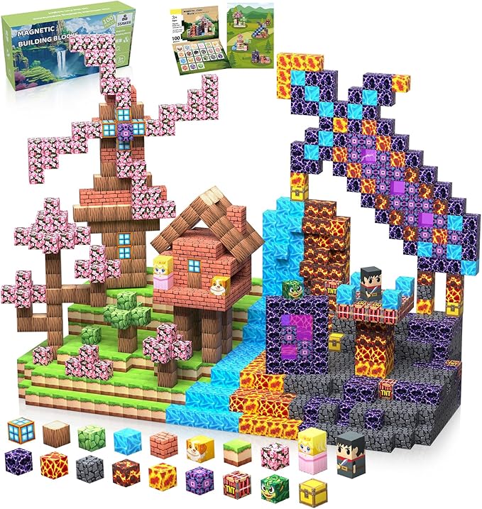 Magnetic Blocks, 100PCS Magnetic Tiles Building Blocks, Magnet Cubes STEM Sensory Game Toys Christmas Birthday Gifts for Kids Boys Girls Age 3+ (Forest Sword)