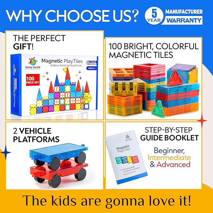 Magnetic Tiles 100 PCS with 2 Cars – Magnetic Building Tiles STEM Toy for Kids Ages 3-8, Magnet Construction Set for Boys & Girls