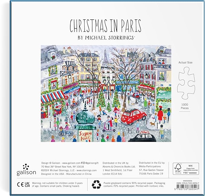 Galison Christmas in Paris – 1000 Piece Michael Storrings Jigsaw Puzzle Featuring Beautiful Artwork of A Busy Holiday Street in Saint Germain Paris