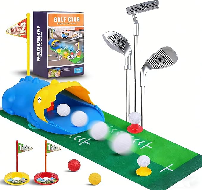 PINKPEACH Toddler Golf Set, 3-8 Kids Set with Automatic Ball Return, Mat, Glow Balls, Balls, 3 Clubs & Tees, Indoor & Outdoor Sports Game Toys for 3 4 5 6 7 8 Years Old Boys Girls