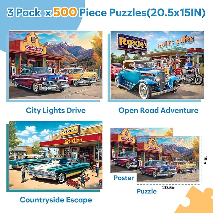 3 Pack 500 Pieces Jigsaw Puzzles, Retro 500 Piece Puzzles for Adults, Car Recycled Cardboard Puzzle for Seniors Teens, Interlock Perfectly Letter on Back, Home Decor Birthday Gift, 20.5 x 15 in