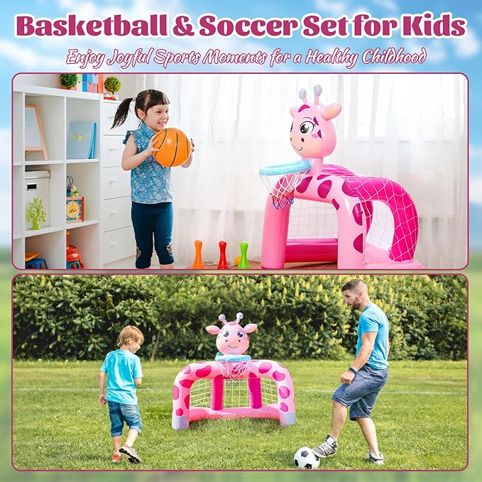Soulchen 1 Set 2 in 1 Inflatable Toddler Basketball Hoop Soccer Goal Set, Giraffe Indoor Outdoor Sports Activity Center Toys for Kids, Baby Toddlers Birthday Gift for 1 2 3 4 5 Year Old Boys Girls