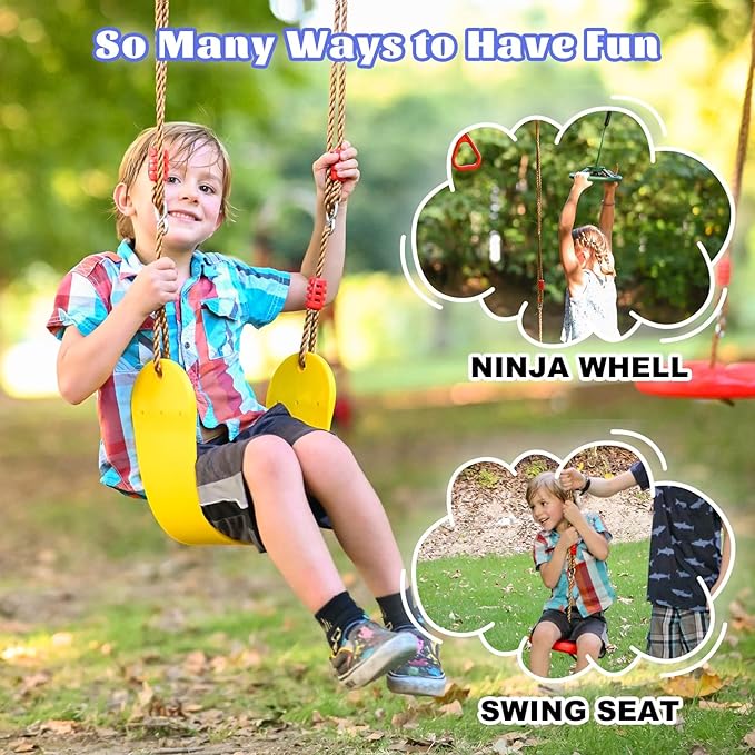 Ninja Warrior Obstacle Course for Kids Backyard-65ft Slackline Kit with 13 Obstacles, Upgraded Quick-Install Buckles No Threading, Install Anywhere, 900lbs Capacity, Easy Setup Backyard Playground Set