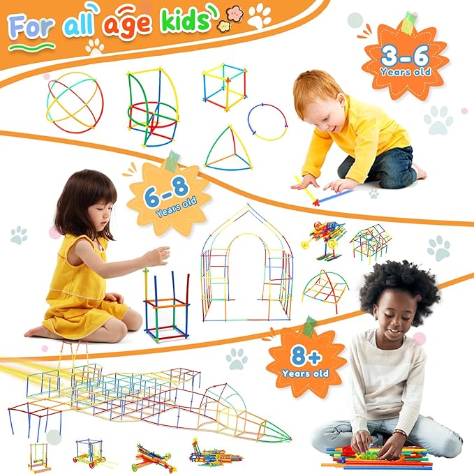 Ggiibro Straw Constructor Toys 1200Pcs STEM Building Toys Aged for 3 4 5 6 7 8+ Interlocking Plastic Toys Preschool Engineering Thin Tube Blocks Toy Educational Toy Kit for Classroom Kids Toys Set