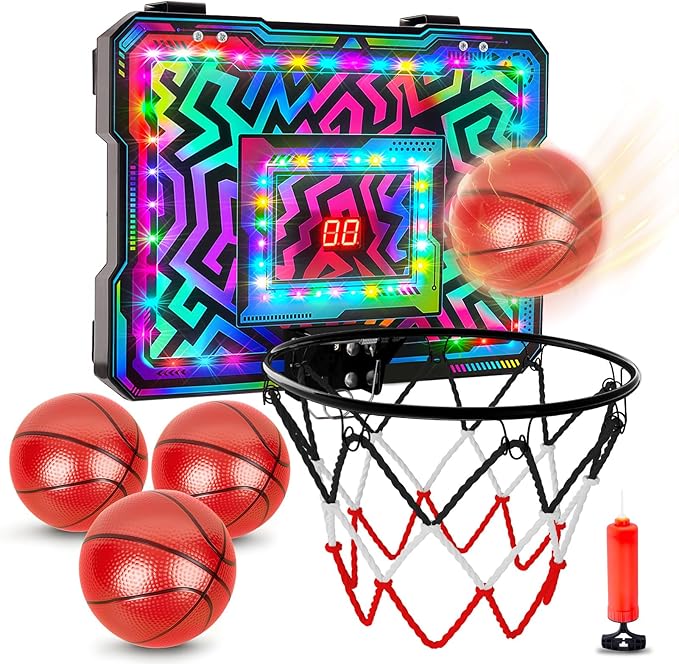 Indoor Mini Basketball Hoop, Over The Door Basketball Hoop with LED Lights/Scoreboard/4 Balls, Upgraded Reinforced Backboard Frame, Basket Ball Toys Gift for Kids Ages 3-5-12+ Boys Girls