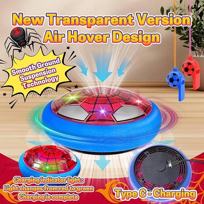 SUYUKI Hover Soccer Ball for Kids Boys, Spider Soccer Toys for Boys 4 5 6 7 8 9 10, Indoor Boy Toys with Led Lights and Foam Cushion Spider Hover Football Air Power Football